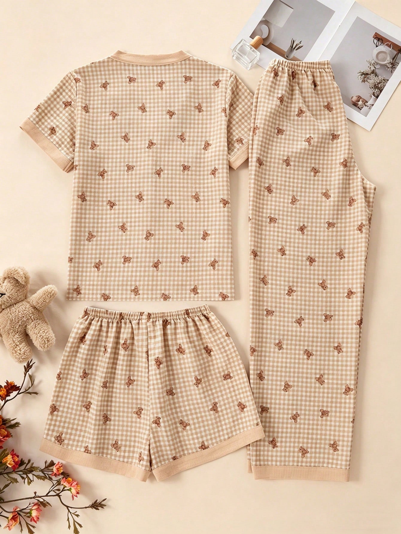 Teddy Bear Checkered 3-Piece Nightwear Set