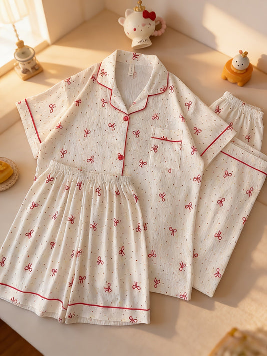 Cherry Bow Dream 3-Piece Pajama Set – Shirt, Shorts & Pants