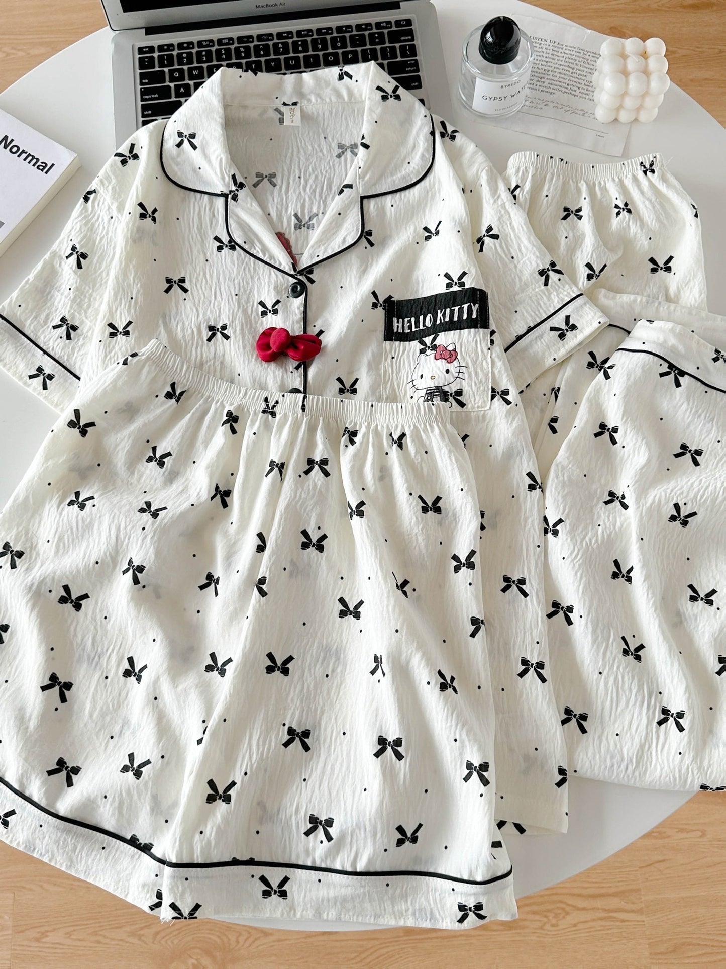 Bow Charm 3-Piece Cotton Pajama Set πβ¨ β Shirt, Shorts & Pants