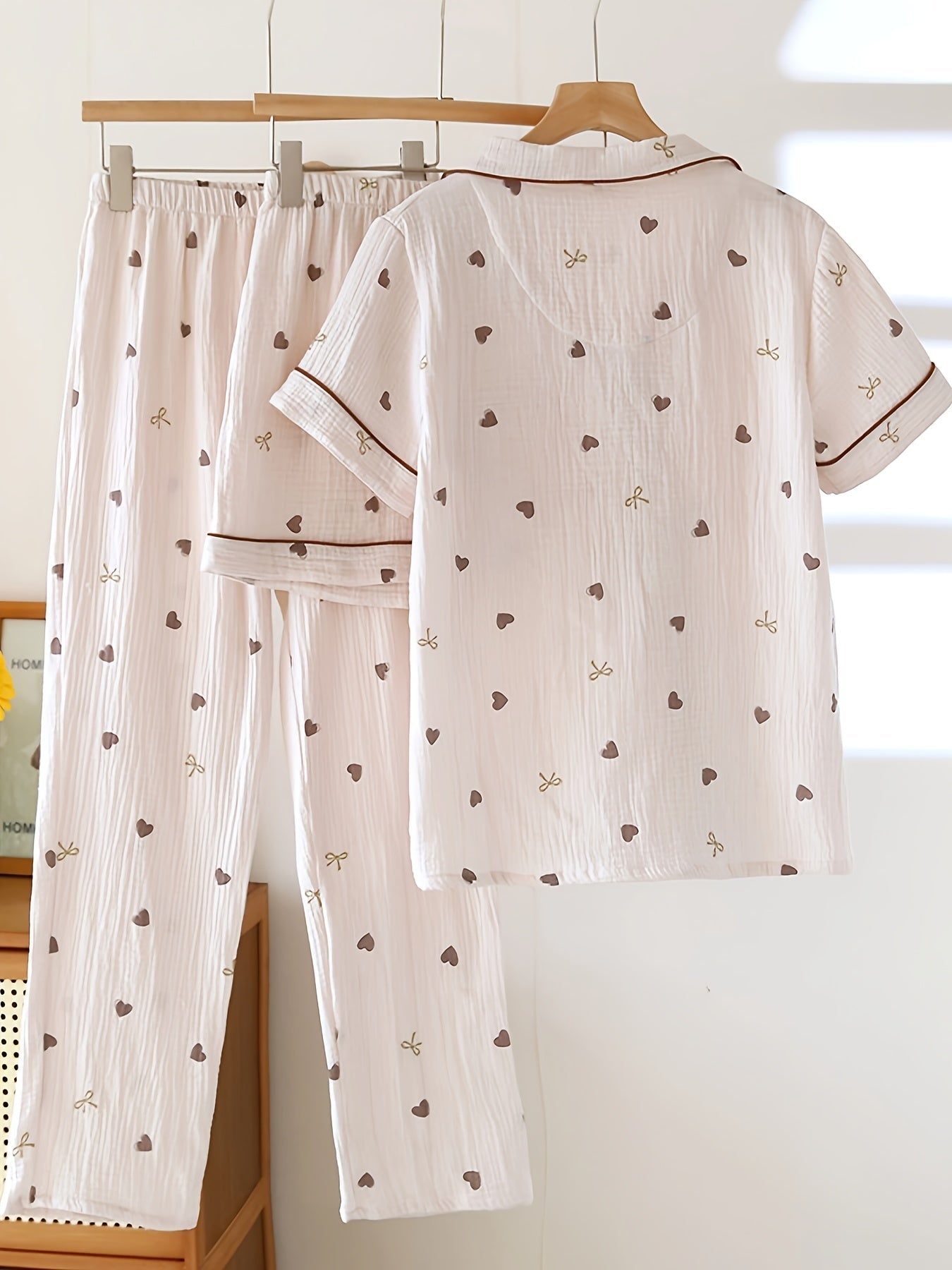 Mocha Hearts 3-Piece Cotton Pajama Set 🤎✨ – Shirt, Shorts & Pants