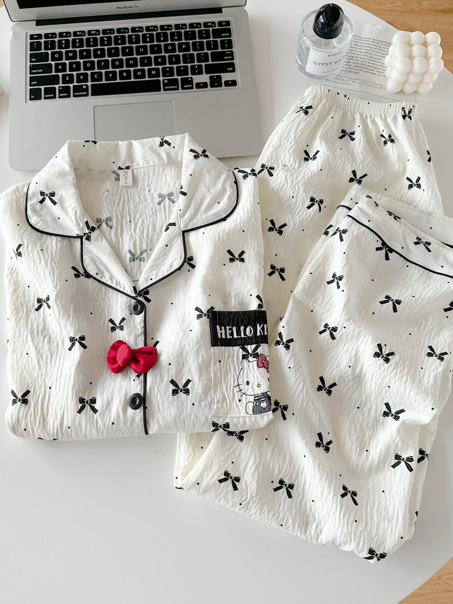 Bow Charm 3-Piece Cotton Pajama Set 🎀✨ – Shirt, Shorts & Pants