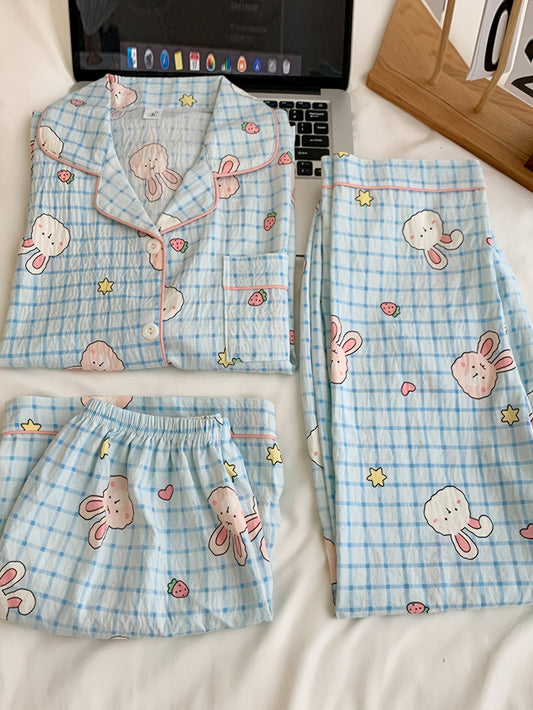 Bunny Bliss 3-Piece Cotton Pajama Set 🐰💙 – Shirt, Shorts & Pants (Copy)