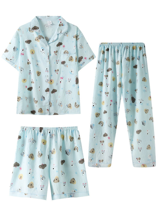 Sky Blue Puppy Charm 3-Piece Pajama Set – Shirt, Shorts & Pants