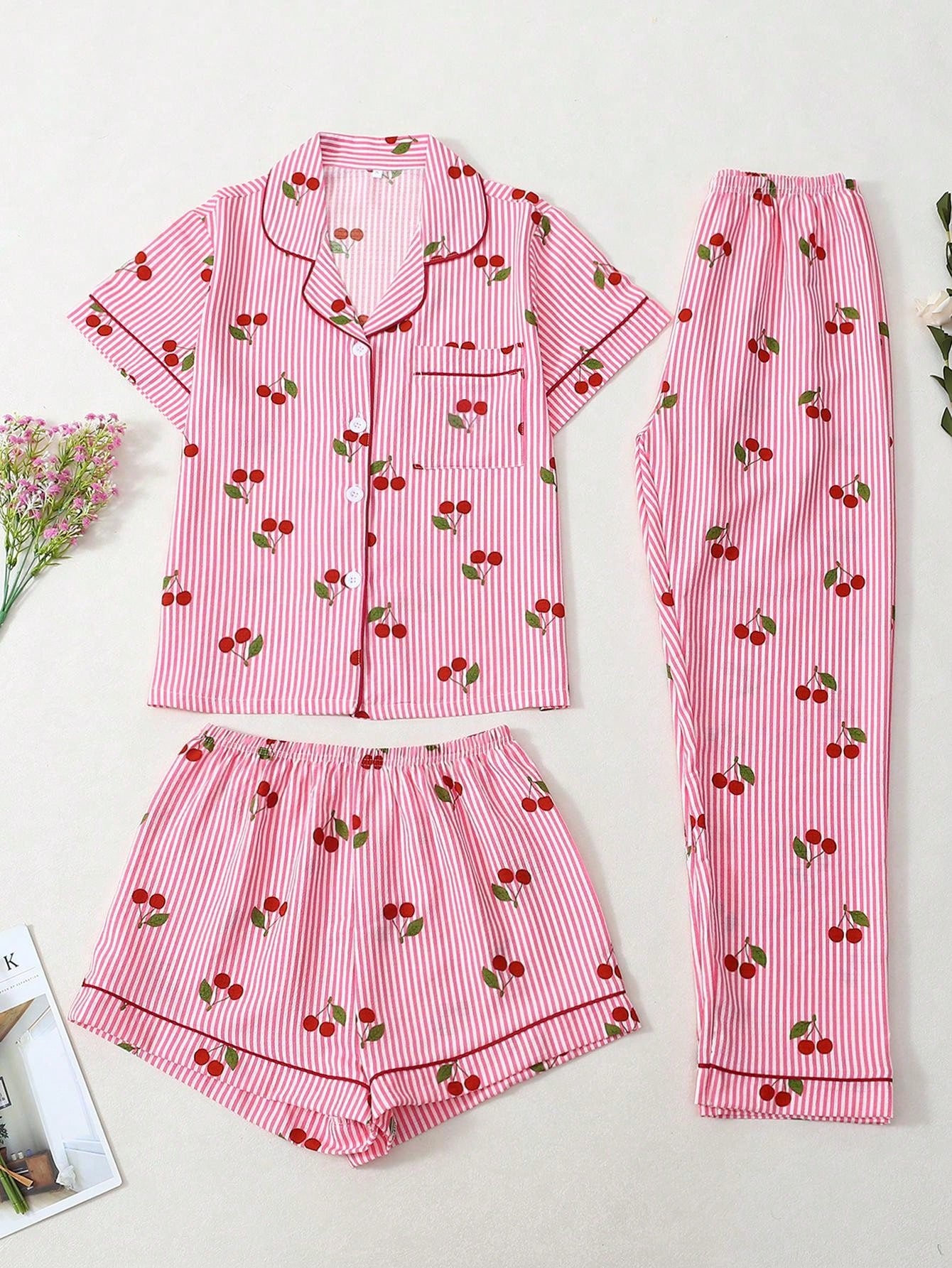 Cherry Print 3-Piece Nightwear Set