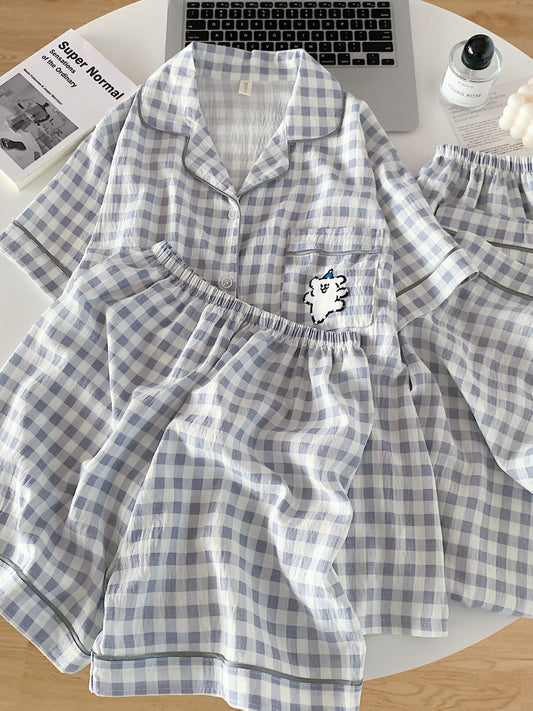 Cloud Check 3-Piece Pajama Set – Shirt, Shorts & Pants