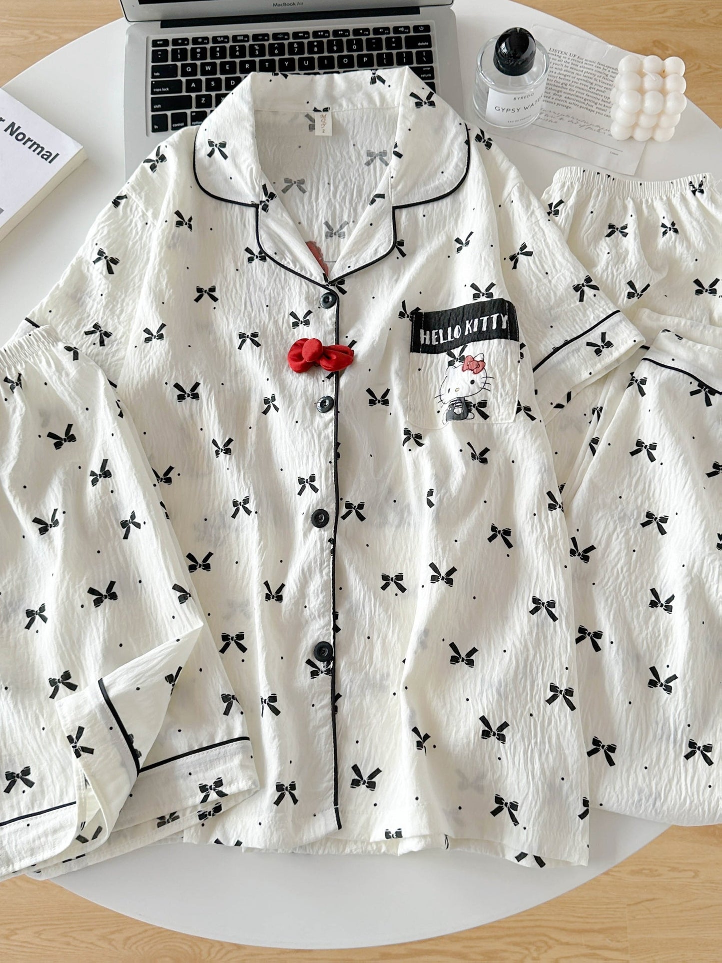 Bow Charm 3-Piece Cotton Pajama Set 🎀✨ – Shirt, Shorts & Pants