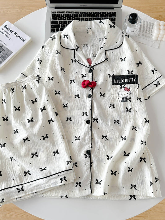 Bow Charm 3-Piece Cotton Pajama Set 🎀✨ – Shirt, Shorts & Pants