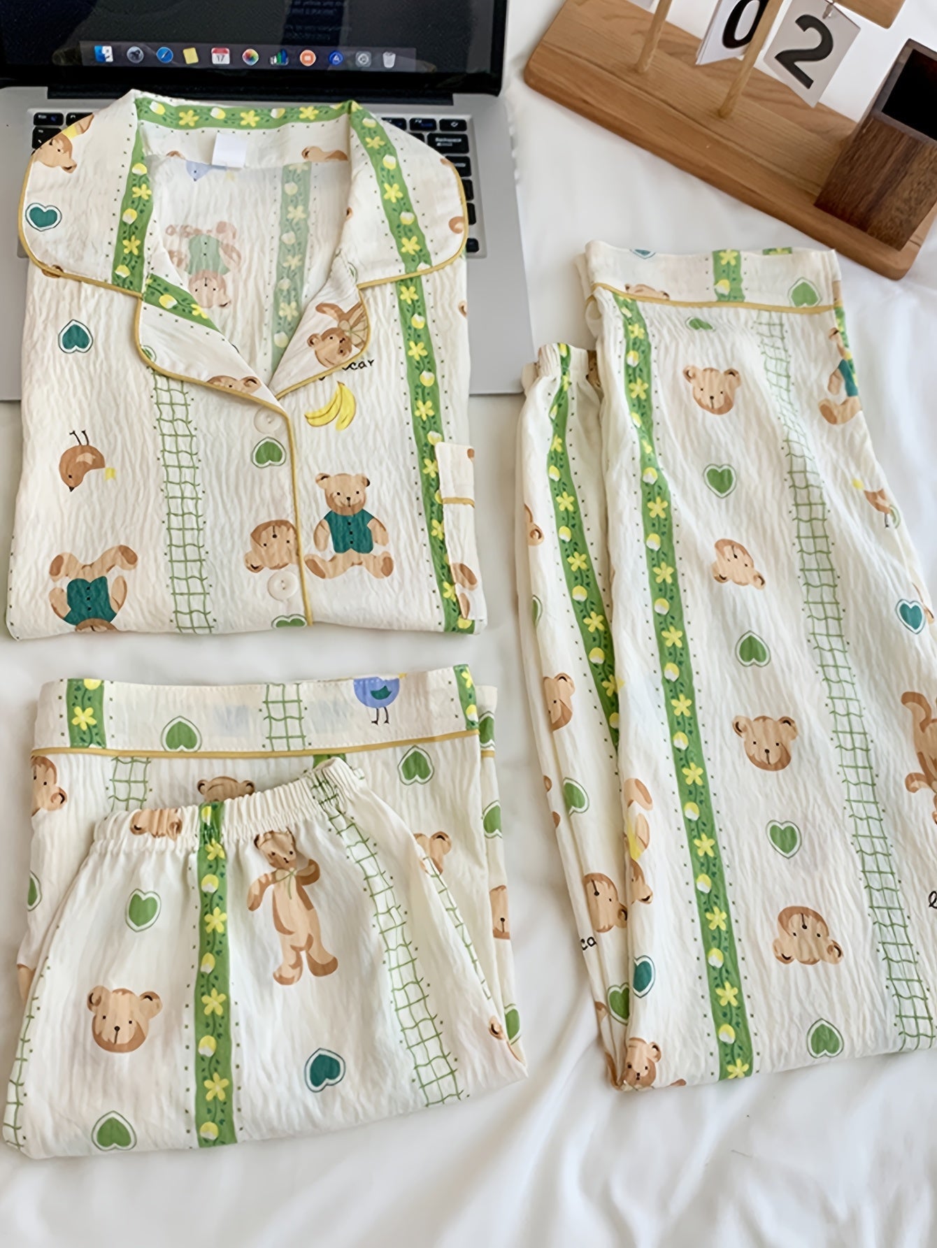 Teddy Bloom 3-Piece Cotton Pajama Set 🧸💚 – Shirt, Shorts & Pants