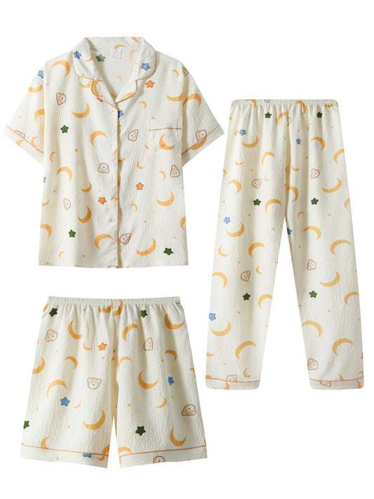 Moonlight Teddy 3-Piece Pajama Set – Shirt, Shorts & Pants