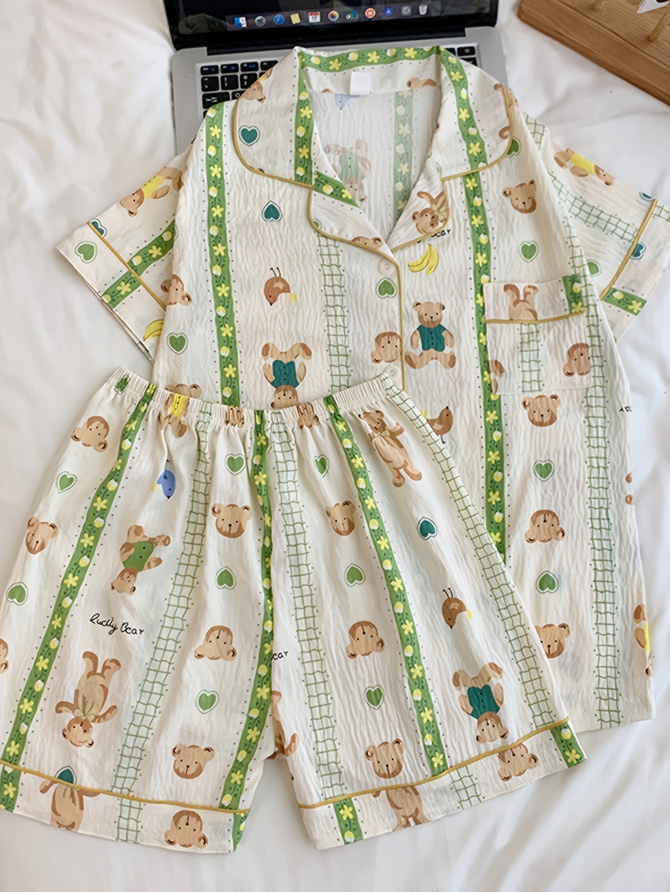 Teddy Bloom 3-Piece Cotton Pajama Set 🧸💚 – Shirt, Shorts & Pants