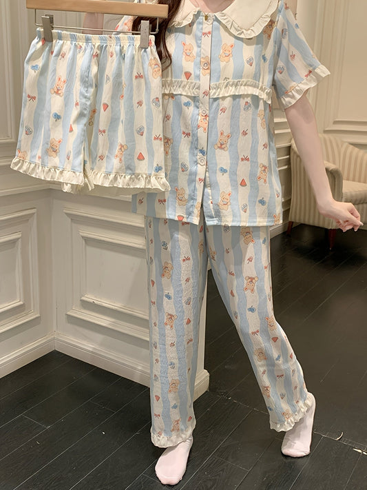 Bunny Stripe Frill 3-Piece Cotton Pajama Set 🐰💙