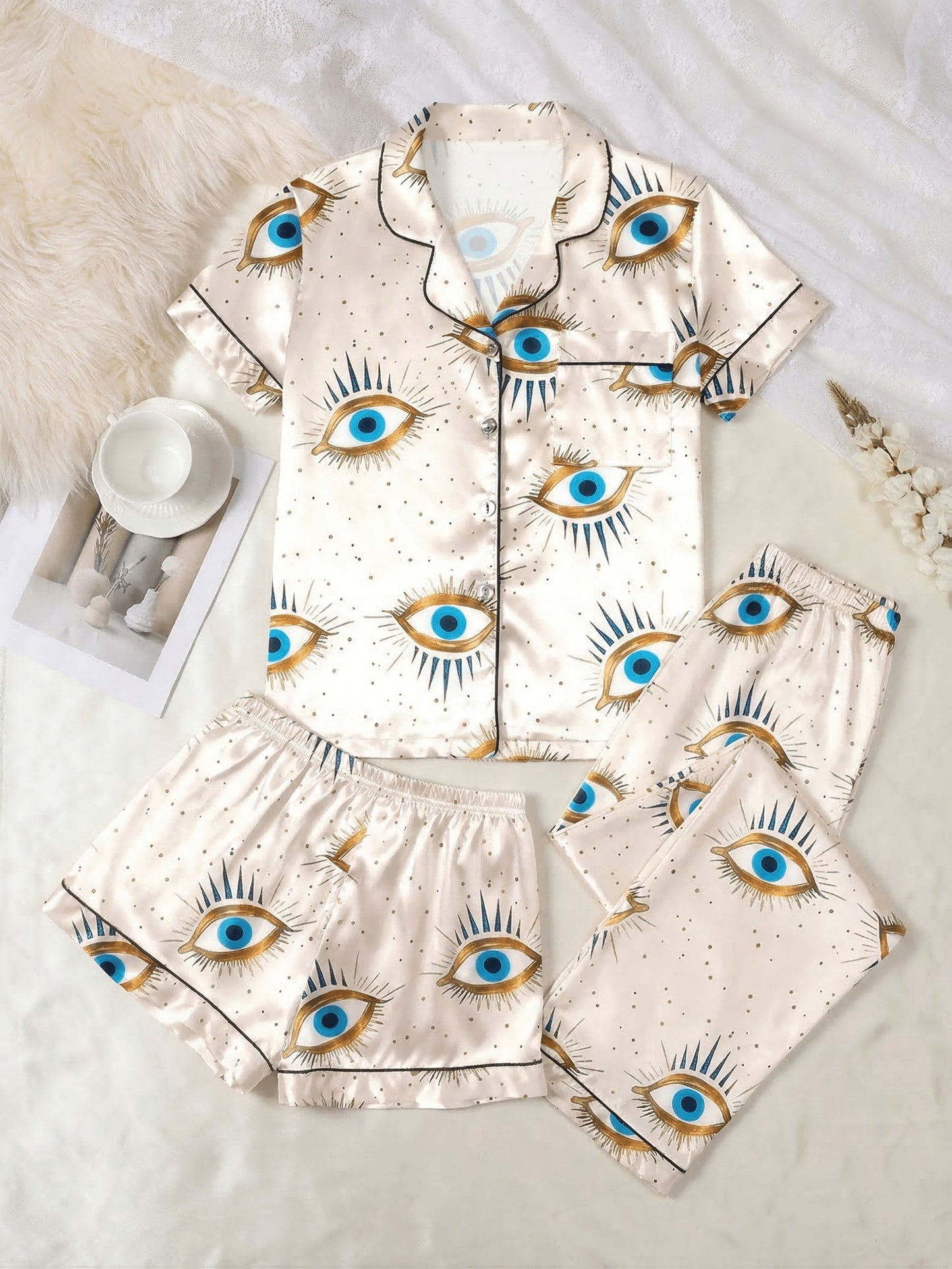 Evil Eye Luxe 3-Piece Satin Pajama Set