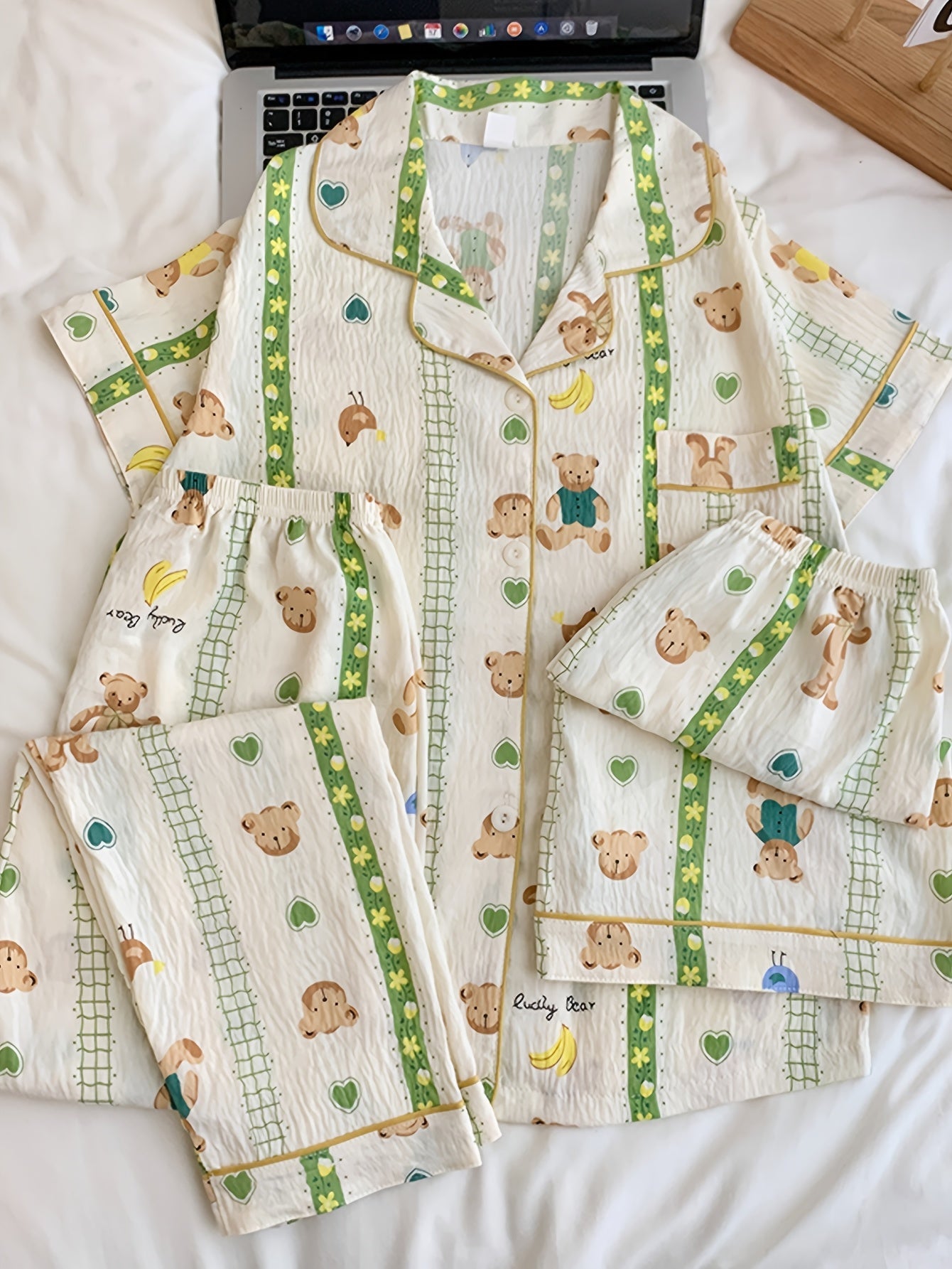Teddy Bloom 3-Piece Cotton Pajama Set 🧸💚 – Shirt, Shorts & Pants