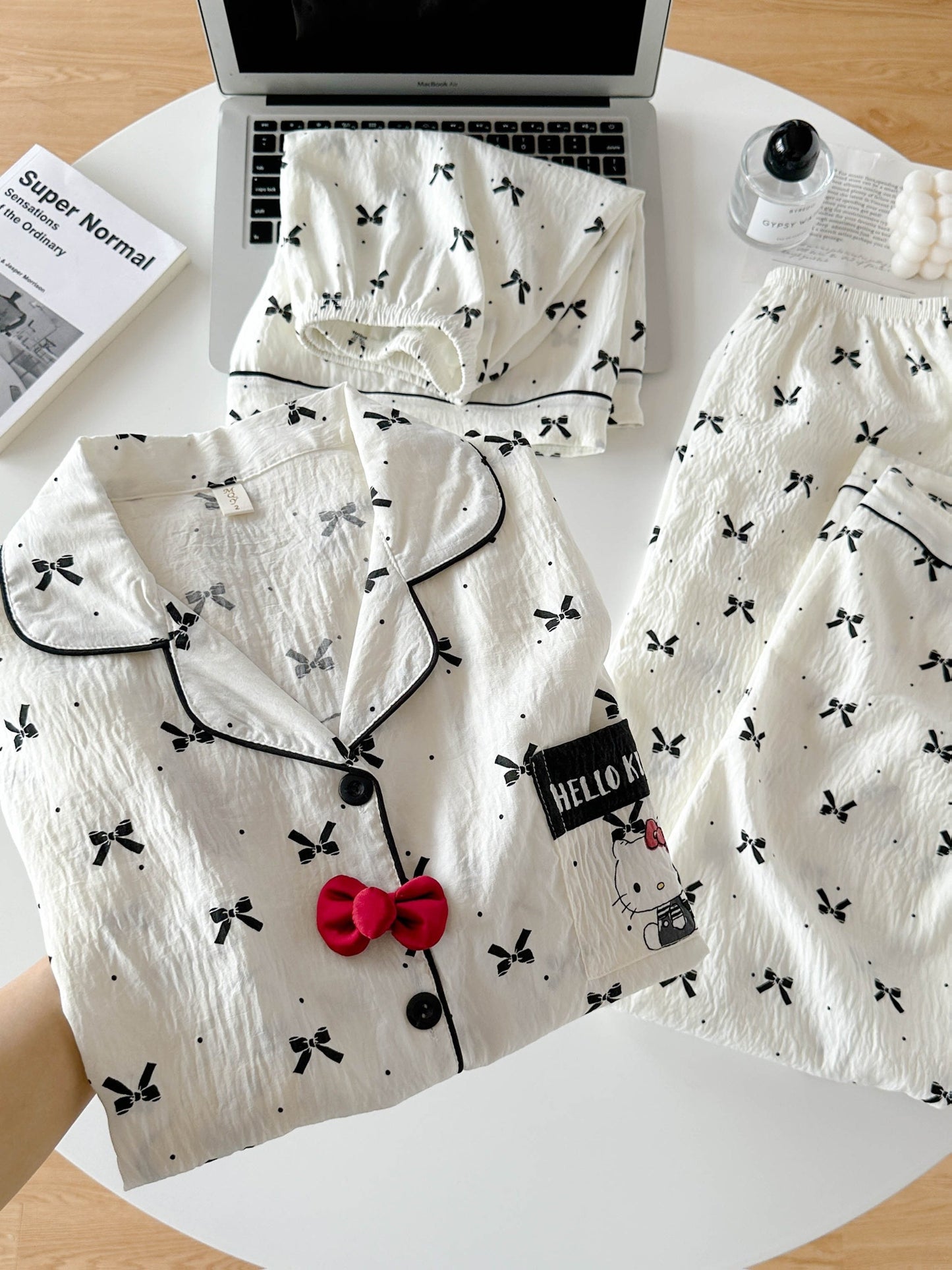 Bow Charm 3-Piece Cotton Pajama Set 🎀✨ – Shirt, Shorts & Pants