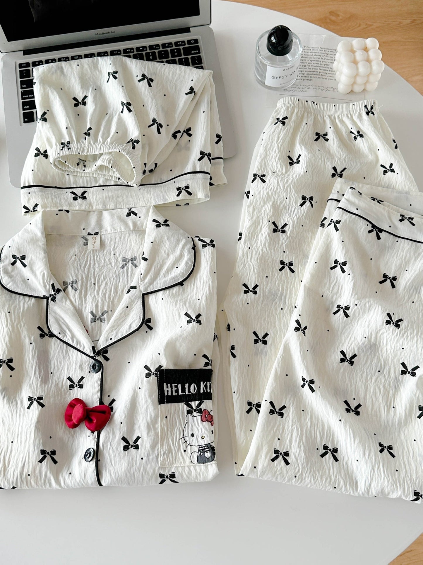 Bow Charm 3-Piece Cotton Pajama Set 🎀✨ – Shirt, Shorts & Pants