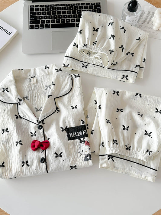Bow Charm 3-Piece Cotton Pajama Set 🎀✨ – Shirt, Shorts & Pants