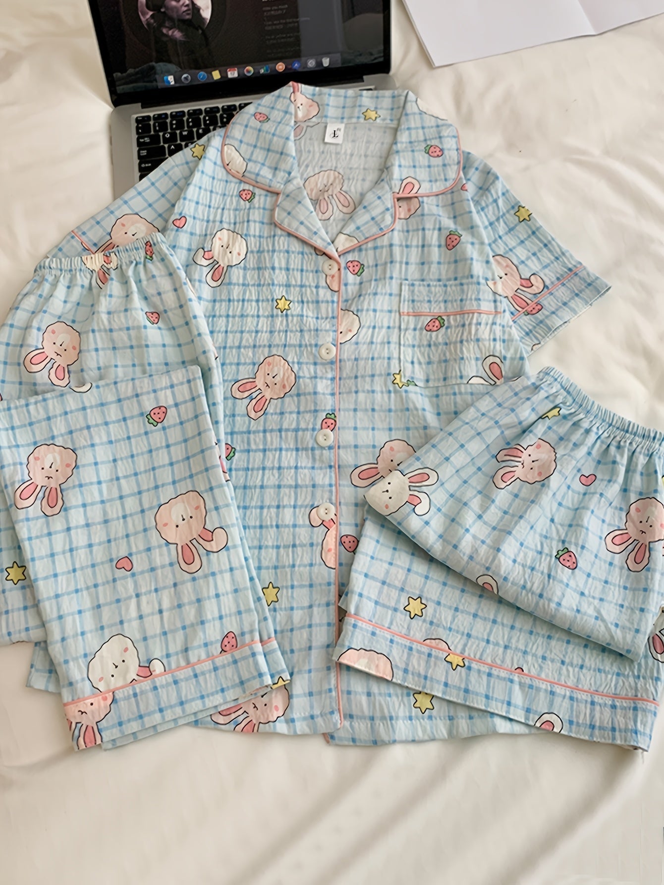 Bunny Bliss 3-Piece Cotton Pajama Set 🐰💙 – Shirt, Shorts & Pants (Copy)