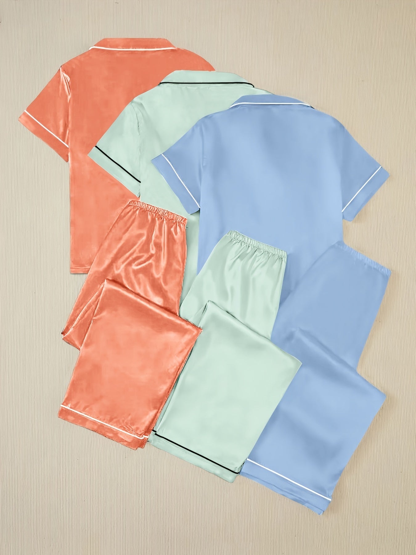 Women’s Satin Short Sleeve Night Suit Set – Pack of 3 (Peach, Mint Green & Sky Blue)