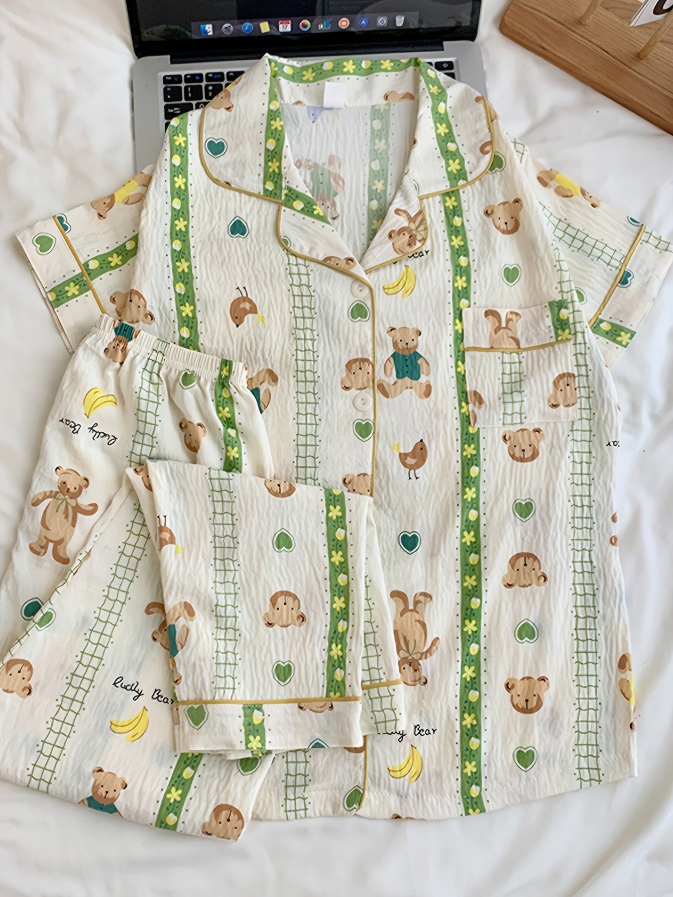 Teddy Bloom 3-Piece Cotton Pajama Set 🧸💚 – Shirt, Shorts & Pants