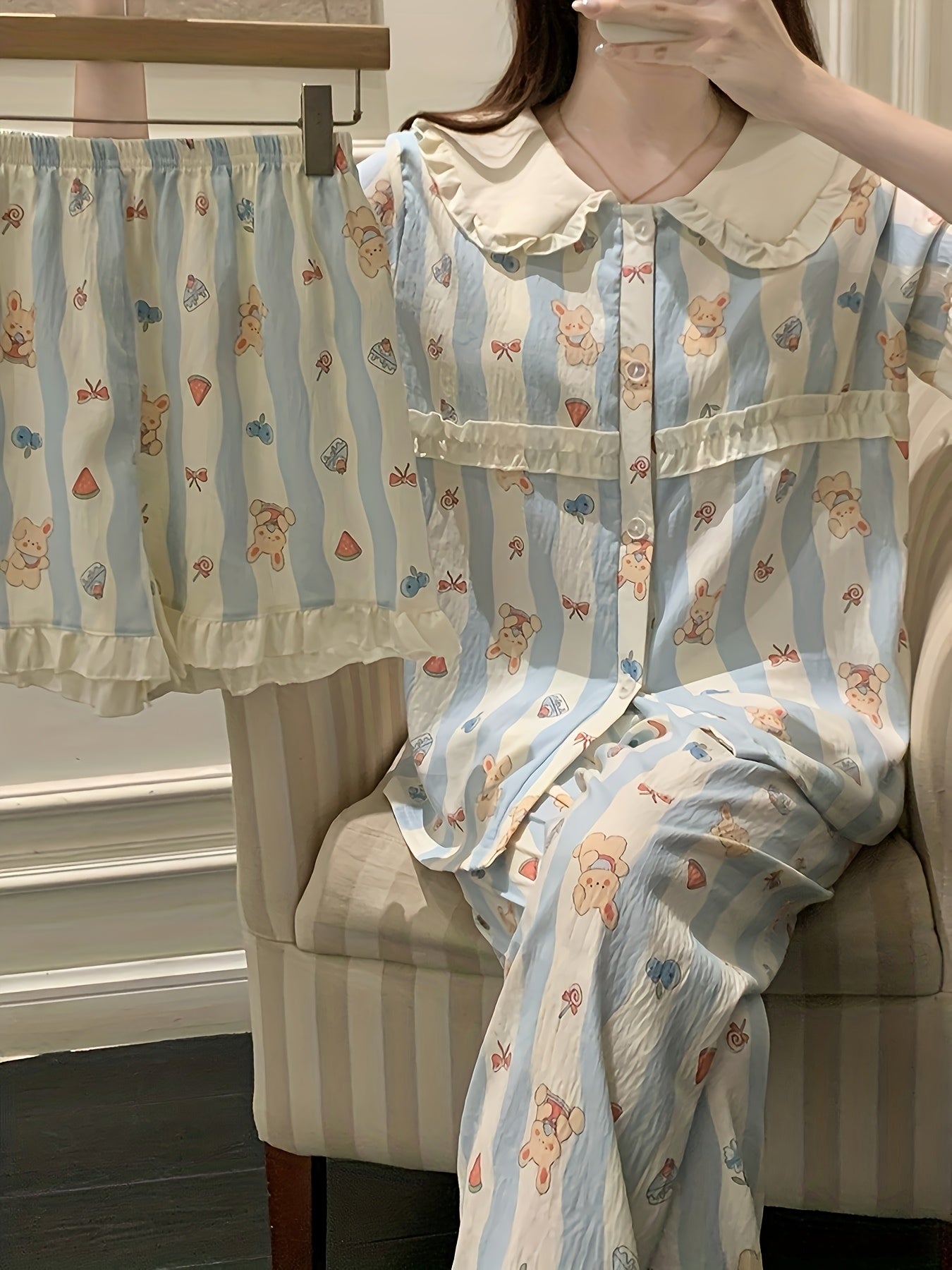 Bunny Stripe Frill 3-Piece Cotton Pajama Set 🐰💙