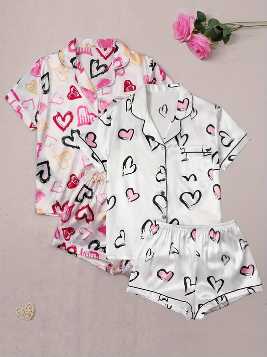 Women’s Satin Printed Heart Nightwear Set – Pack of 2 (Short Sleeve & Shorts Combo)