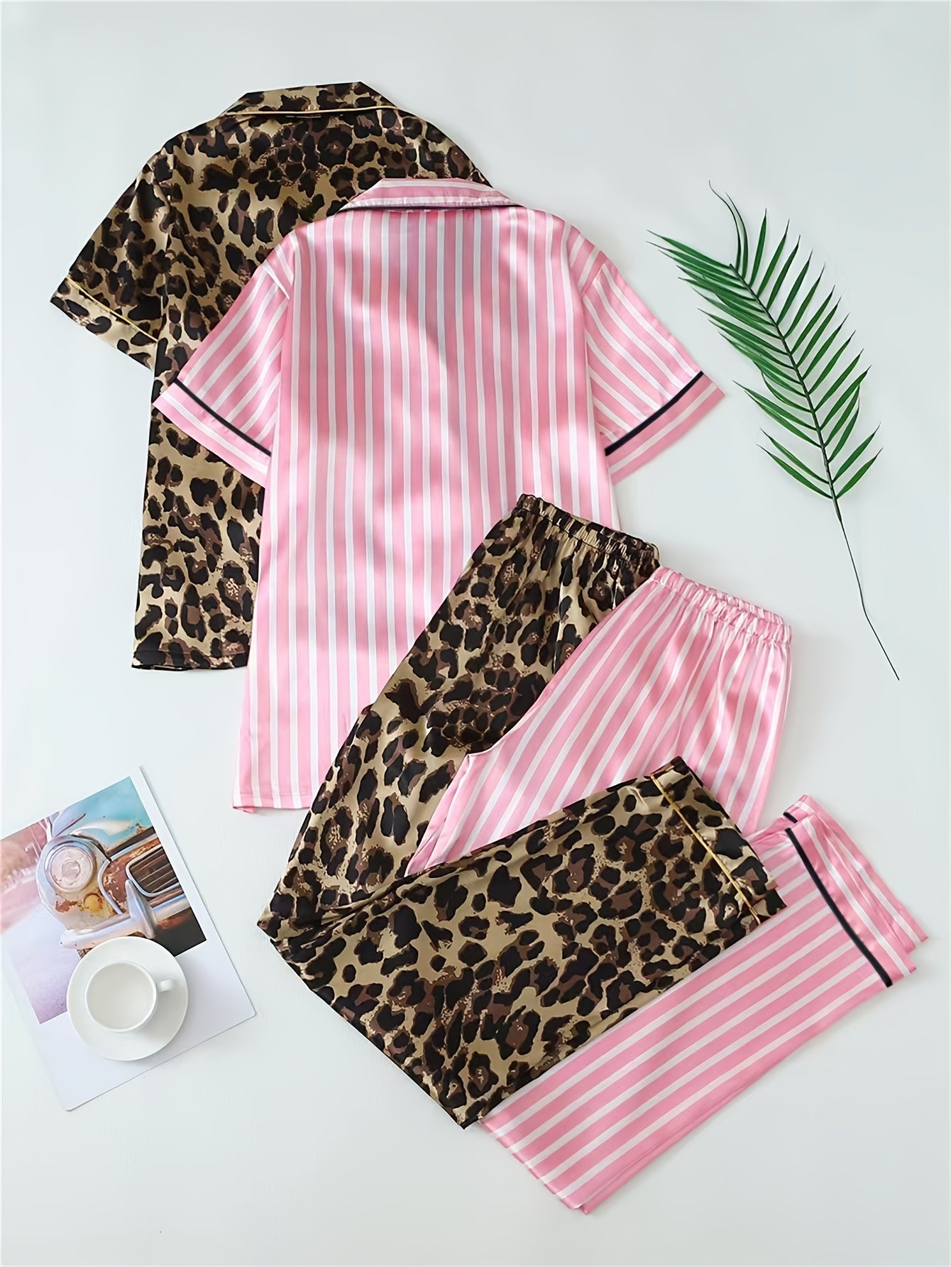 Women’s Satin Nightwear Combo Set – Leopard & Pink Stripe Pajama Pair